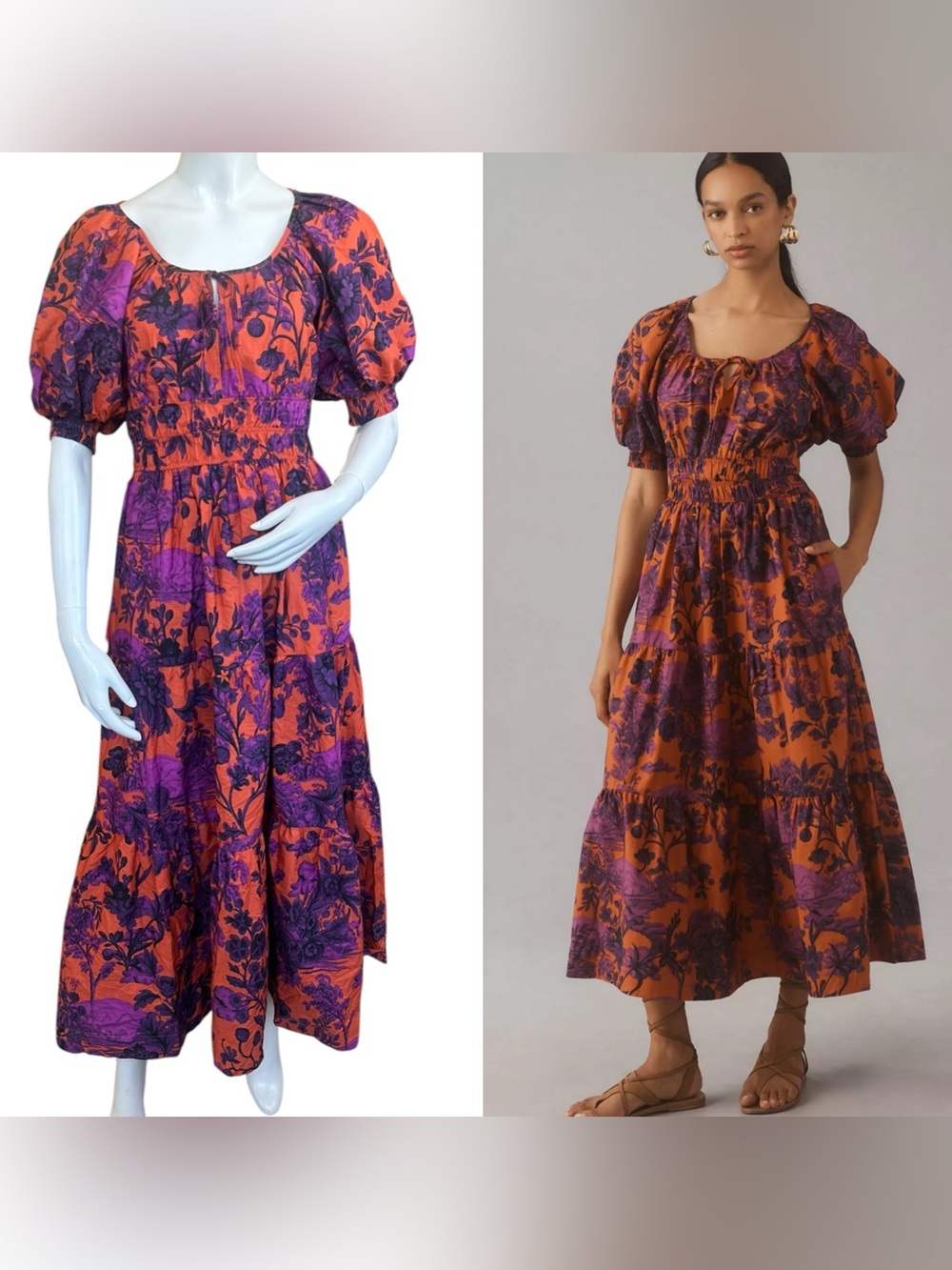 Anthropologie Orange & Purple Floral Somerset Puff-Sleeve Maxi Dress XS